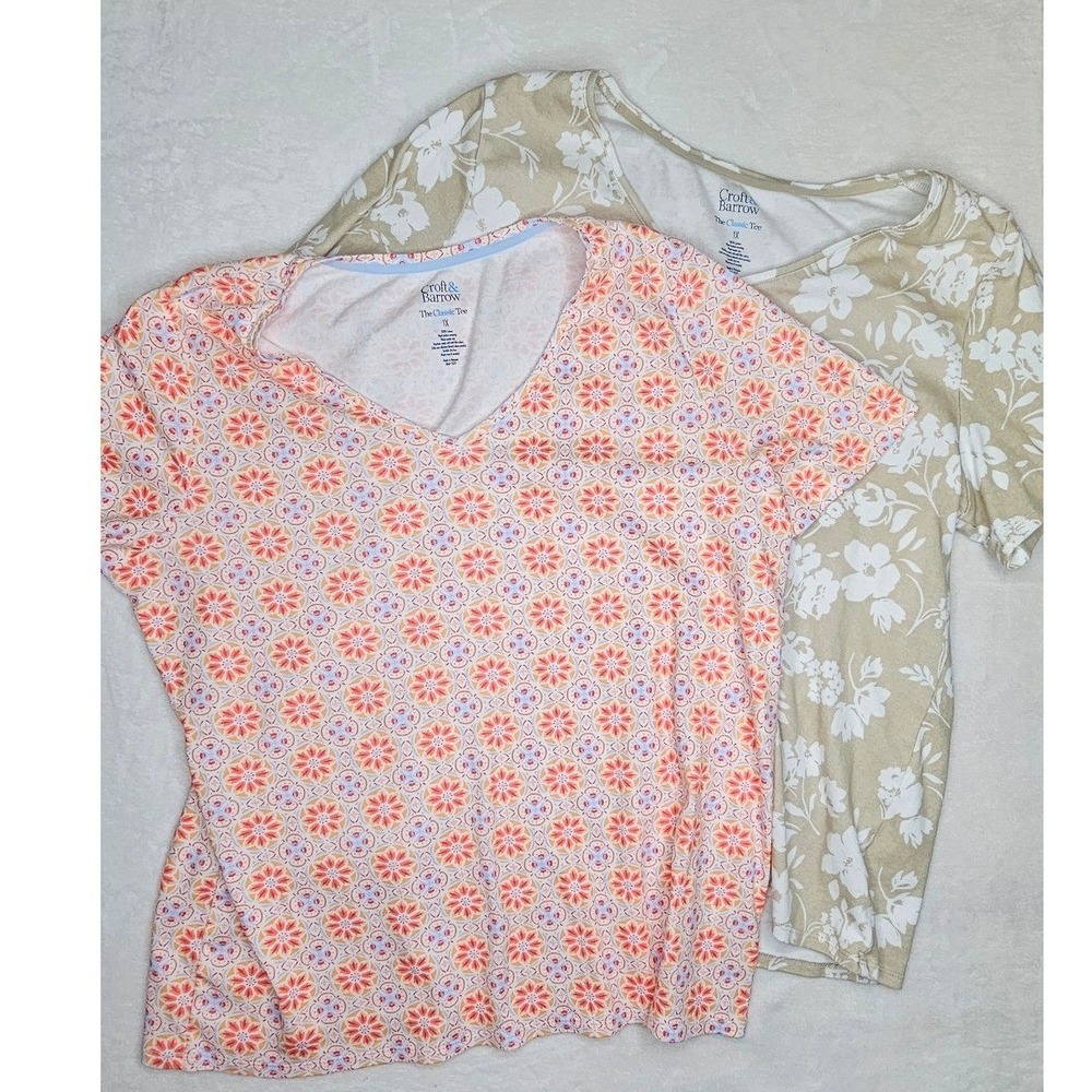 Croft & Barrow Classic Tee 1X Tan Orange Floral Geometric V-Neck Cotton Lot 2